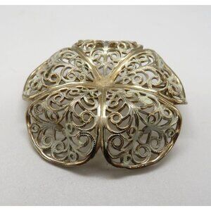 Vintage Flower Brooch 2" White‎ Washed Filigree Gold Tone Metal Domed Petals